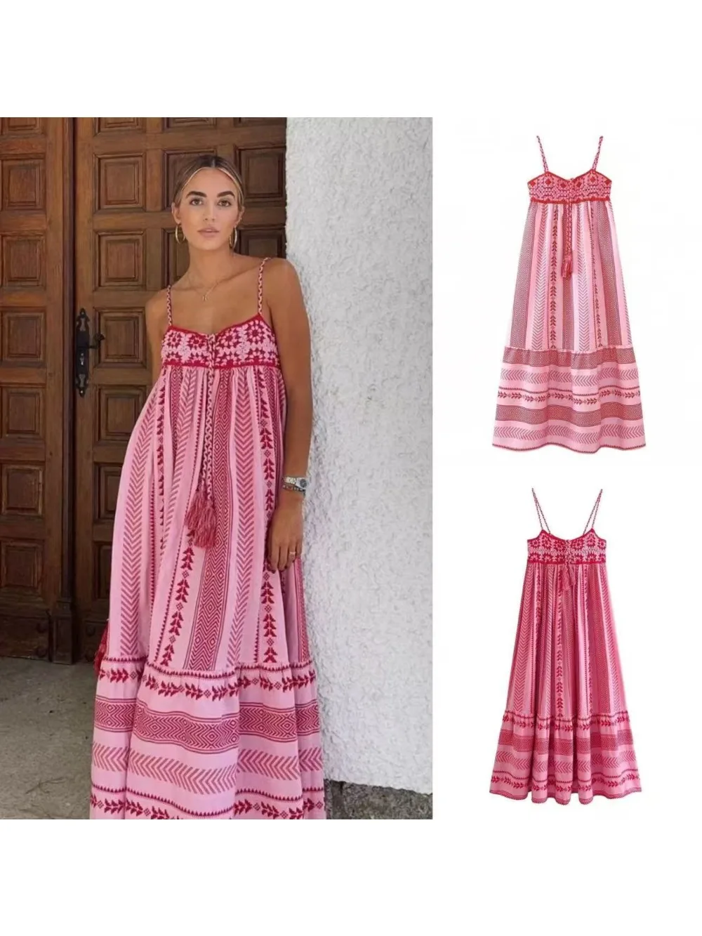 طباعة فستان نسائي مطرز بلا أكمام فستان بدون ظهر ميدي فضفاض برباط زلة فساتين فستان الشاطئ #1