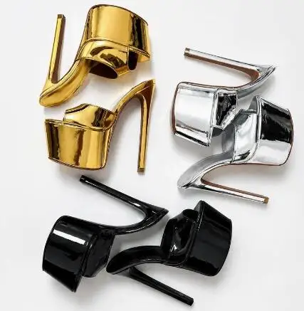 Sexy Gold Black Sliver Shiny Patent Leather Peep Toe Platform Heels Mules Summer Ladies Shallow Stiletto Heels Modern Slippers