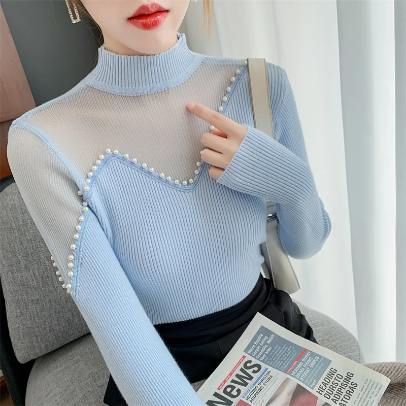 

2024 New Fall Winter European Style Knitted Sweater Fashion Sexy Patchwork Shiny Beading Women Long Sleeve Pullover Tops 311114