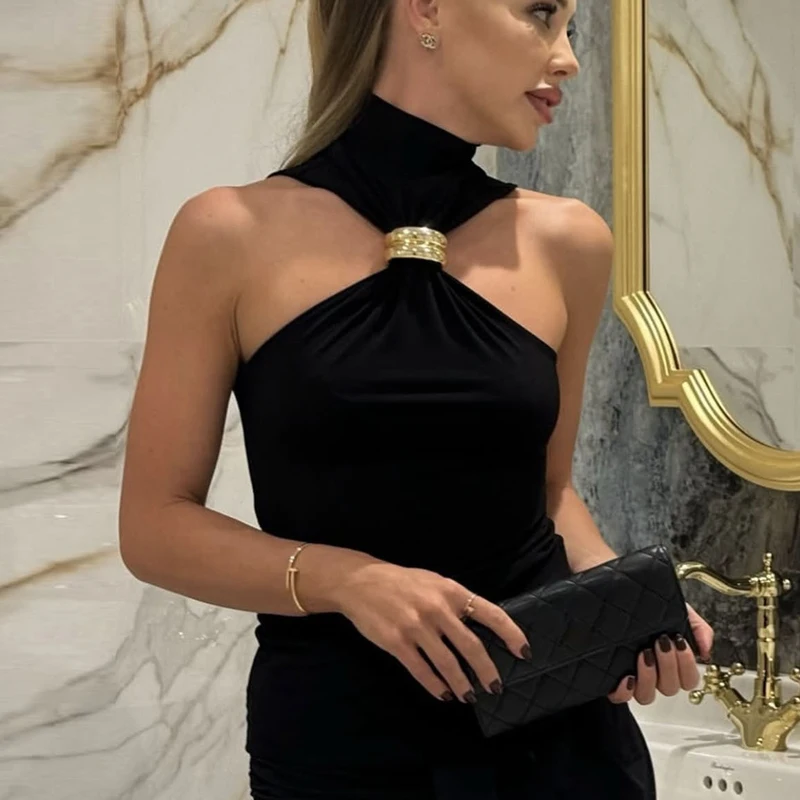 New Summer Turtleneck Solid Color Sleeveless Gold Buckle Women's Vest Fashion Y2k Off-the-shoulder Slim-fit Women's Sexy Top