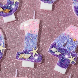 Vela de cumpleaños púrpura degradado, 1 año, sirena, vela de cumpleaños para pastel, brillante, concha de mar, adorno de vela para decoración de fiesta