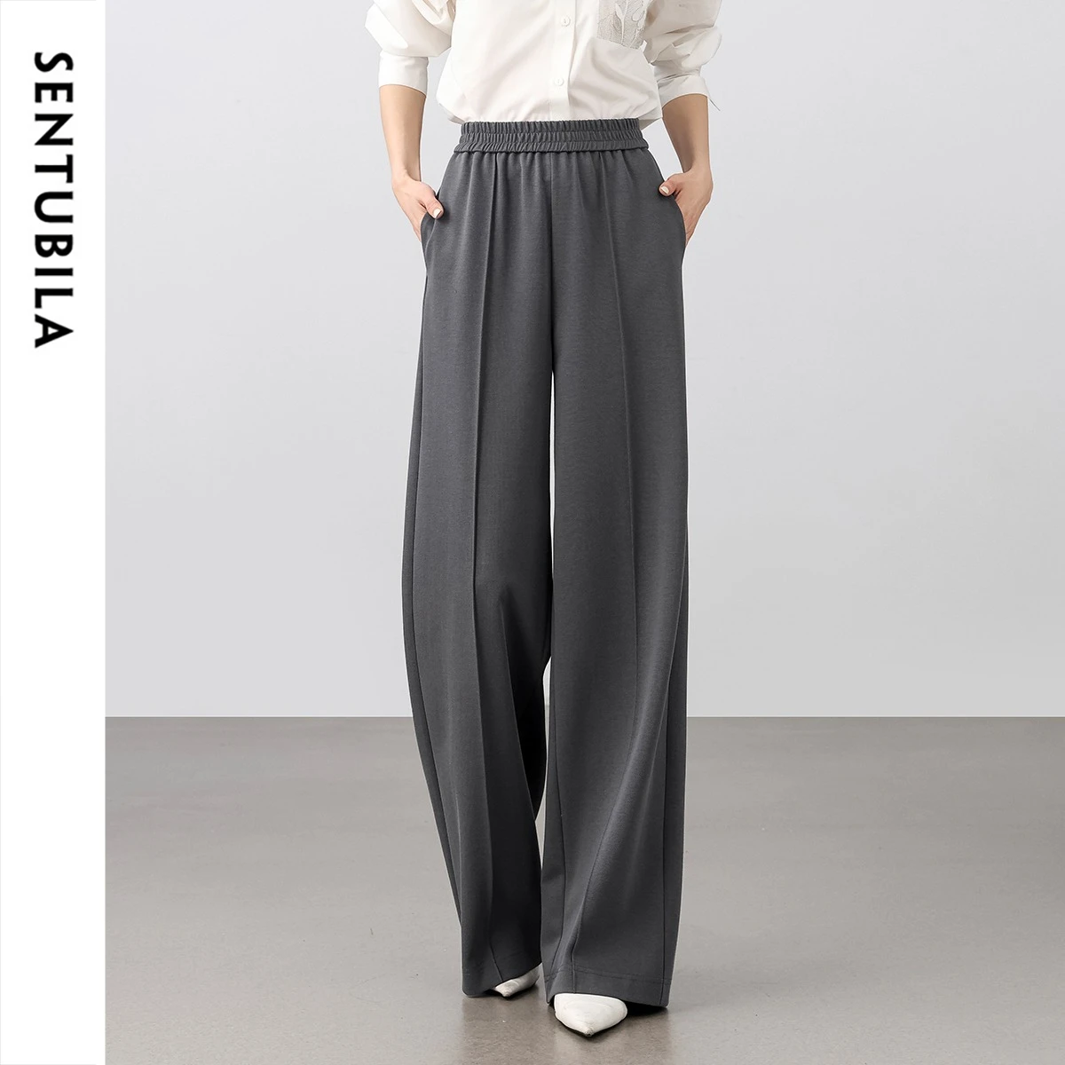 SENTUBILA Women's Elegant Pants 2026 Autumn Elastic Waist Straight Cut H‑shaped Draped Daily Commuter Casual Trousers 151K58918