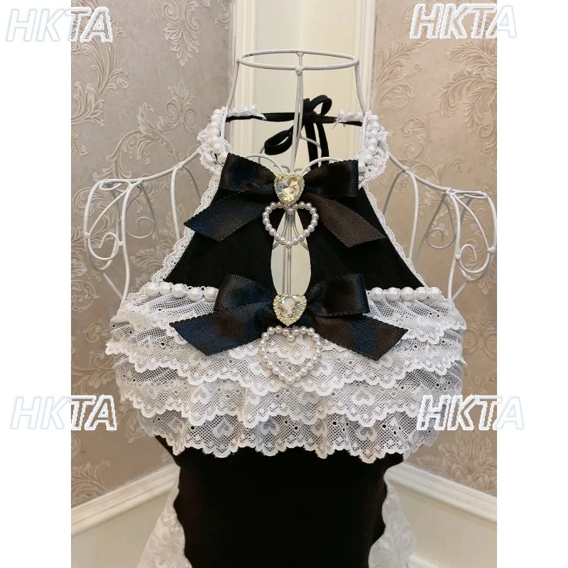 Sweet Kawaii Girls Bow Love Diamond Pearl Lace Edge Slim Fit Neck Vest Top Lolita Girls with Chest Pad Sling Camis Y2k Crop Top
