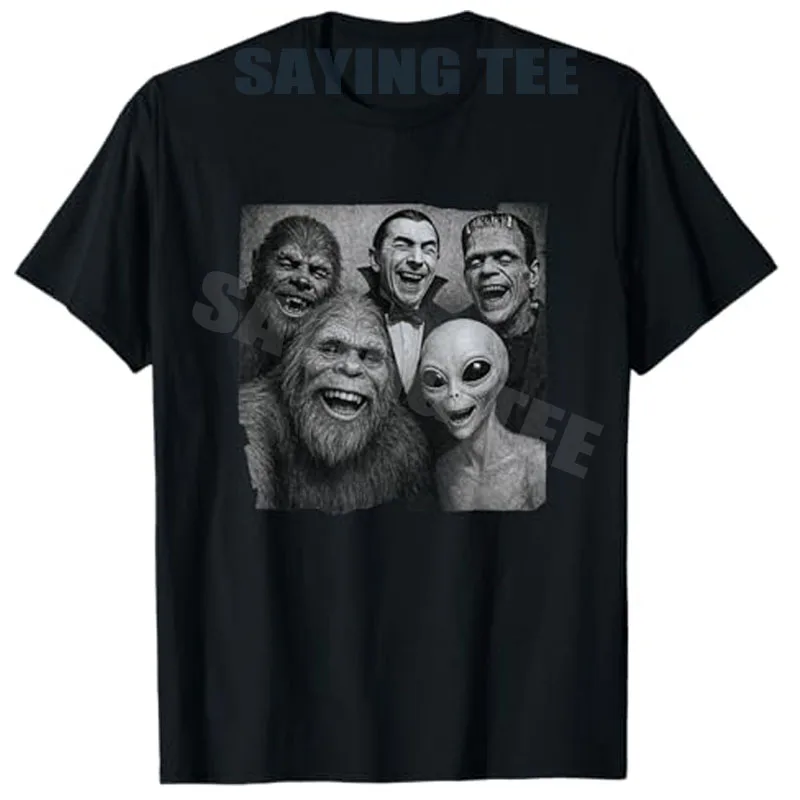 Halloween Bigfoot Alien Dracula Frankenstein Wolf Man Selfie T-Shirt Classic Horror Movie Y2k Men Clothes Novelty Graphic Tees
