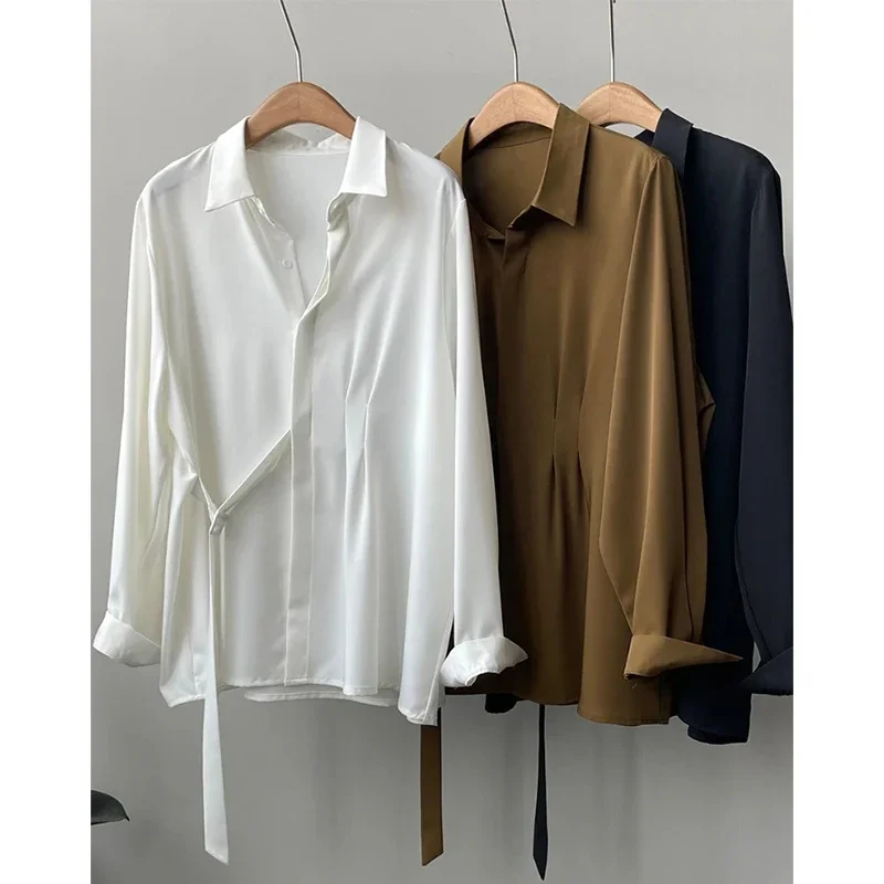 MEXZT Korean Belt Lace Up Shirts Women Elegant Long Sleeve Bandage Loose Chic Blouses Office Lady Solid Simple All Match Tops