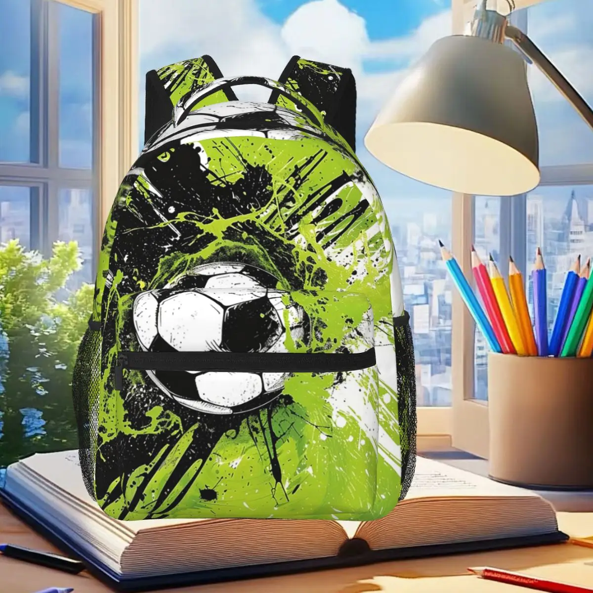 

Colour Soccer Splash Ink Football Art Backpack Student Boys Girls BookBag Kids School Bag Computer Shoulder Bags for Men Women