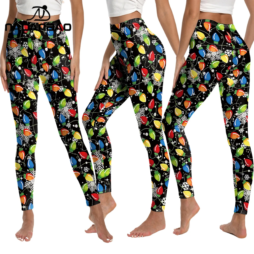 Nadanbao damesbroek met kleurrijke lichtenprint, sexy zwarte middentaille legging, casual buiten yogabroek, kerstfeestbroek