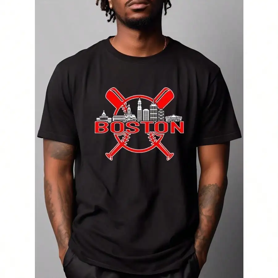 

Boston Vintage Baseball Graphic T-Shirt for Men - Soft Cotton, Crew Neck, Short Sleeve, Breathable & Stylish Summer Casual Wear