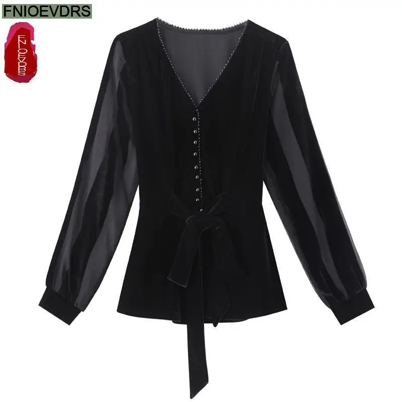 S-3XL Black Velvet Top Women Autumn Winter French Design Elegant Office Lady Work Button Shirt Casual Slim Retro Peplum Blouses