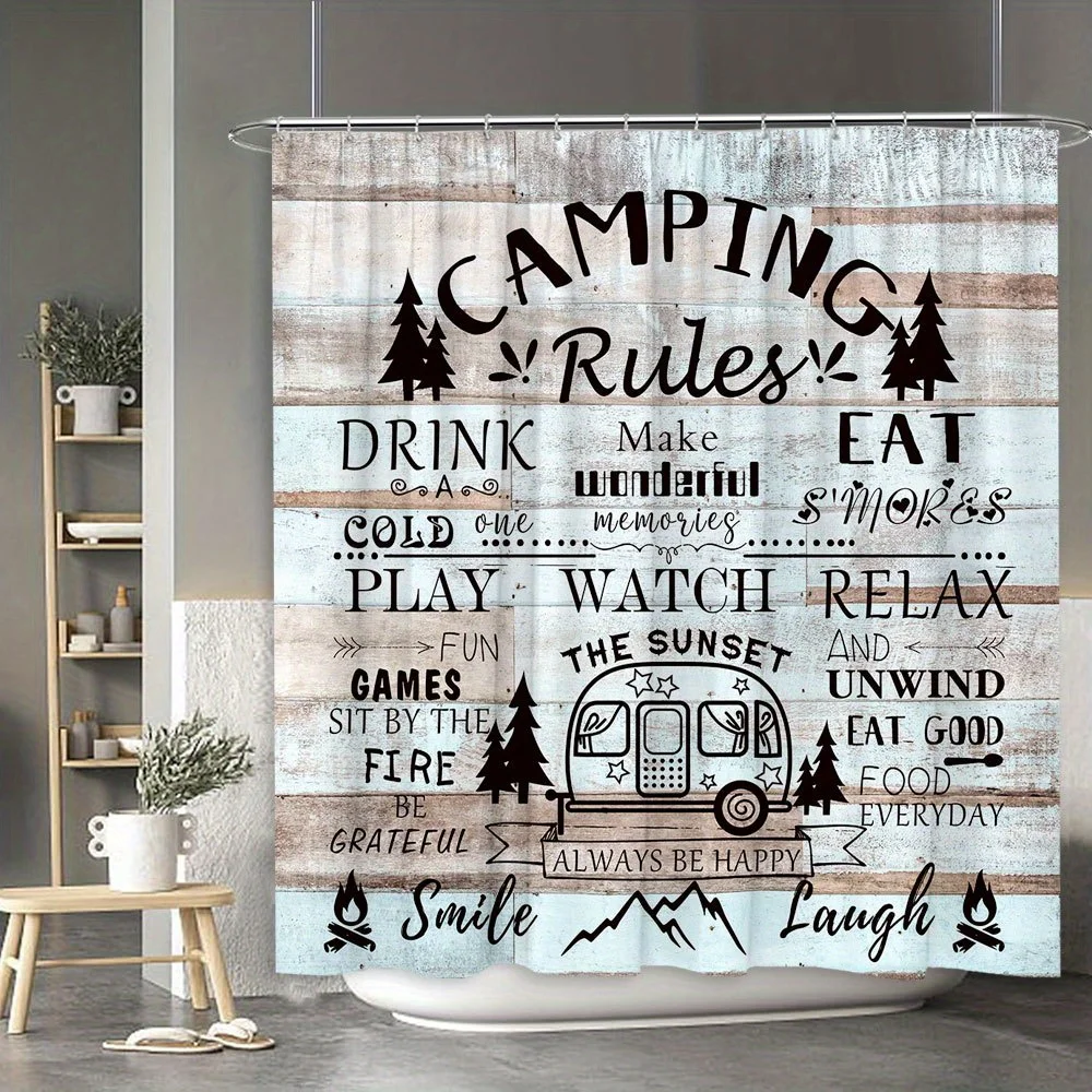 Funny Camping Rules Shower Curtain Rustic Woodland Forest Theme Outdoor Adventure Bathroom Decor Gift