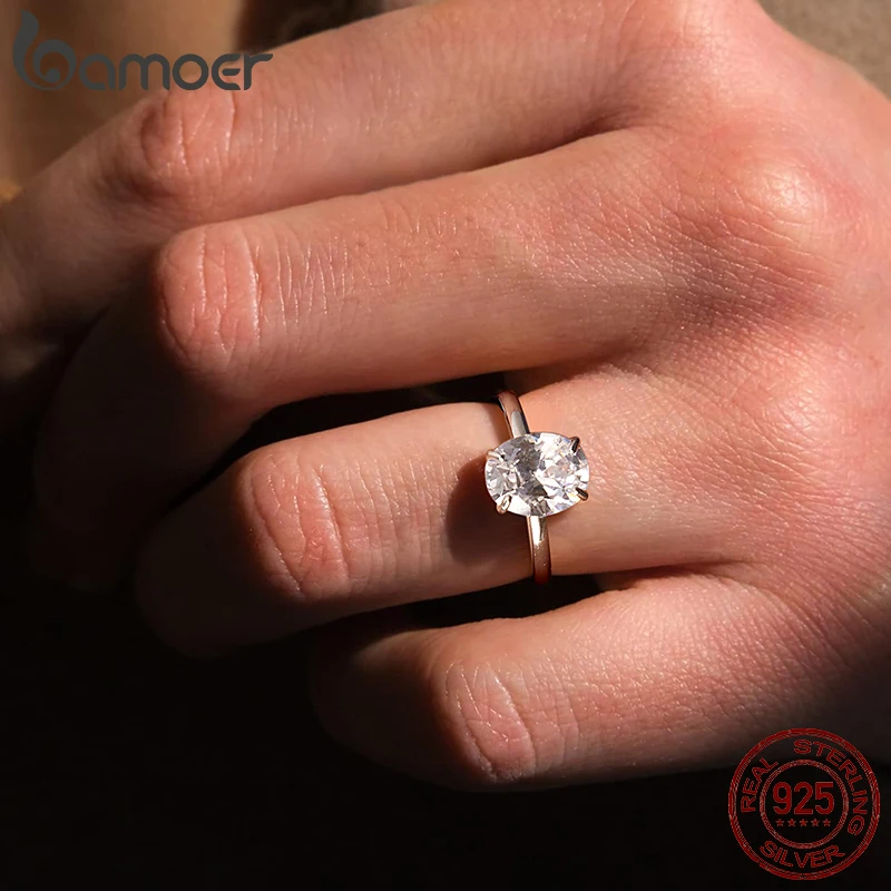 BAMOER 3.5CT CZ Oval Cut Ring 925 Sterling Silver 4 Prongs Halo Engagement Band Ring for Women Wedding Promise Jewelry Gift