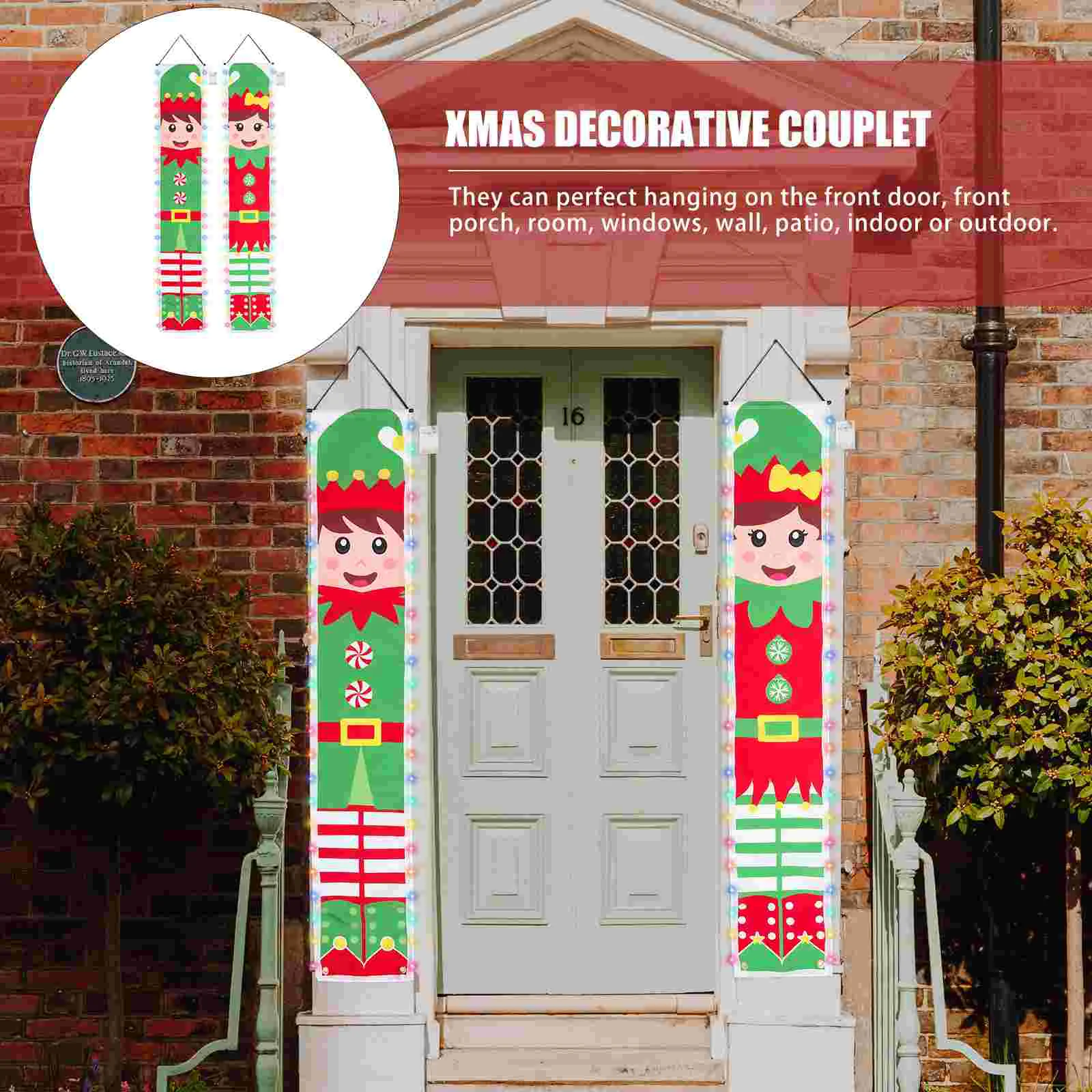Cartel de puerta de dísticos de elfos de Navidad, cartel feliz, decoración de patio de porche de dibujos animados de Navidad, corona