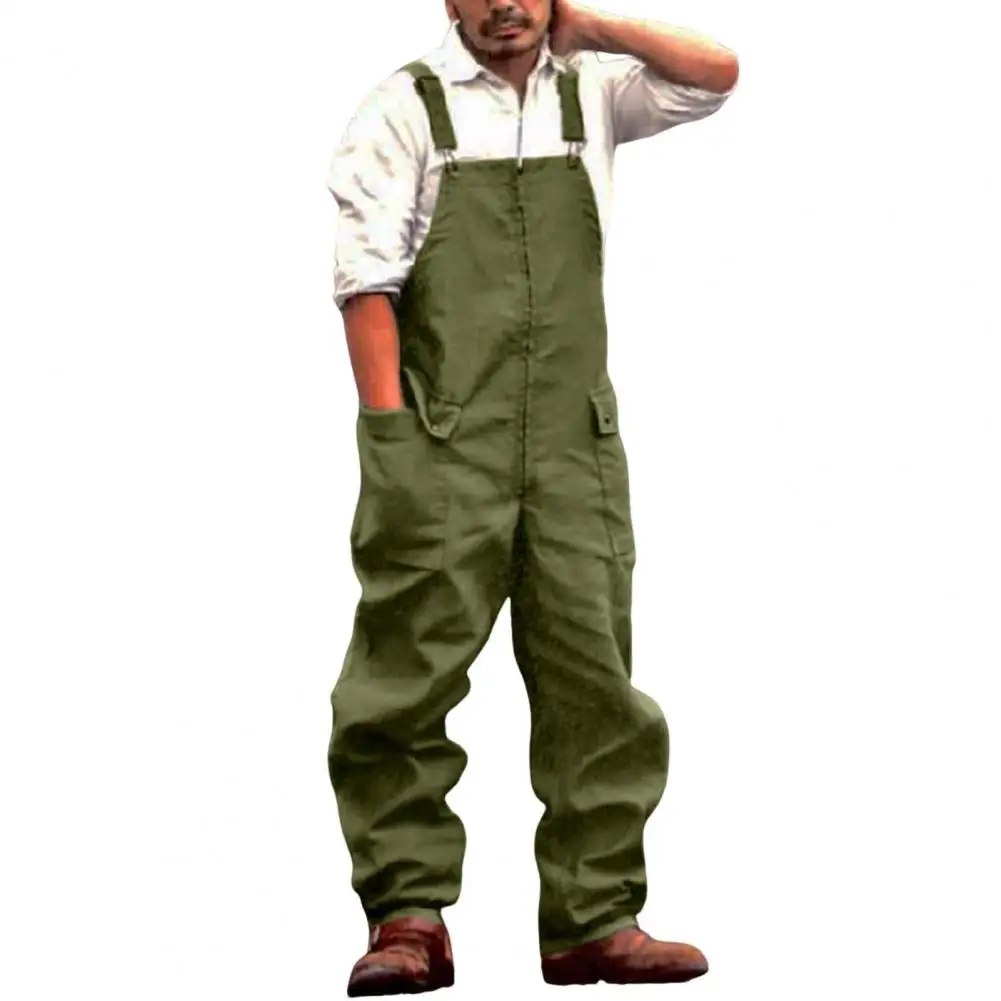 Men Denim Jumpsuit Casual Retro Style Loose Fit Overalls With Large Pockets Soft Thick Fabric Cargo Jumpsuit