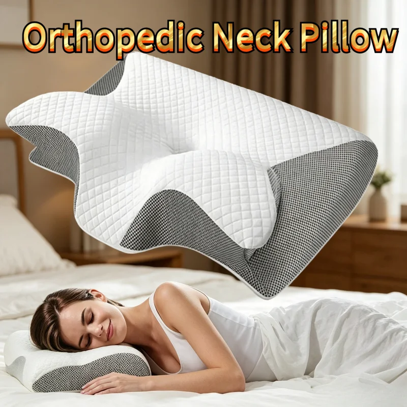

Ergonomic Memory Foam Cervical Pillow, Orthopedic Contour Pillow for Neck Support, with Pillowcase Black White Gray