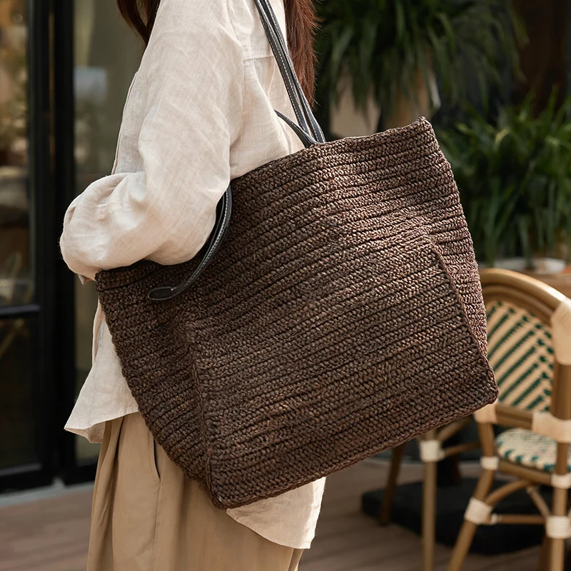 Handgewebte Stroh-Strandtasche, Große Kapazität Damen-Schultertasche, Leichte Vielseitige Sommer-Handtasche für Pendeln und Reisen, Khaki – Detail 12