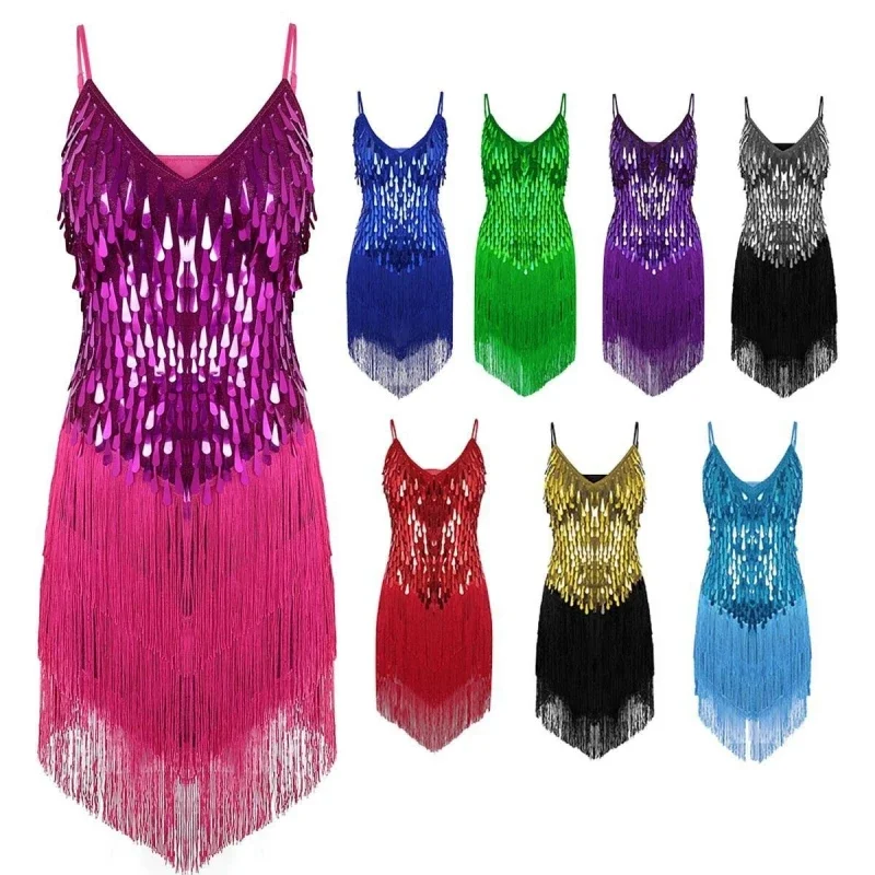 Women Latin Tango Dance Dress Shiny Tassel Leotard Backless Fringe Bodysuit Ballroom Costume Adult Performance Costumes Dress