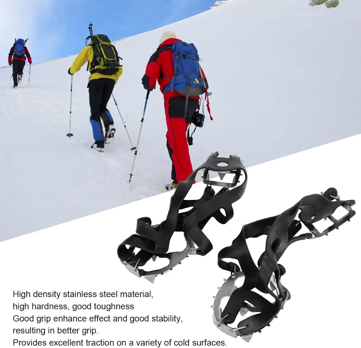 18 Teeth Ice Crampons for Shoes, Anti Slip Ice Gripper Spikes with Stainless Steel Cleats, Snow Traction Cleats for Hiking Mountaineering Skiing Ice Fishing Hunting Winter Outdoor