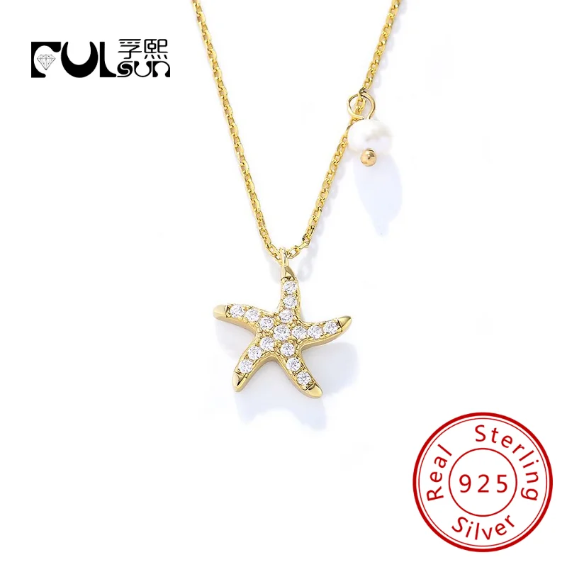 

trendy simple freshwater pearl zircon starfish clavicle chain necklace 14k gold plated jewelry 925 sterling silver charm necklac