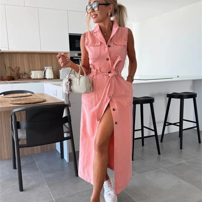 فستان دينم واحد الصدر مكون من 11 لونًا موضة جديدة لعام 2025 فستان نسائي صيفي ربيعي بدون أكمام وشاحات رفيعة من جان ماكسي ملابس خروج