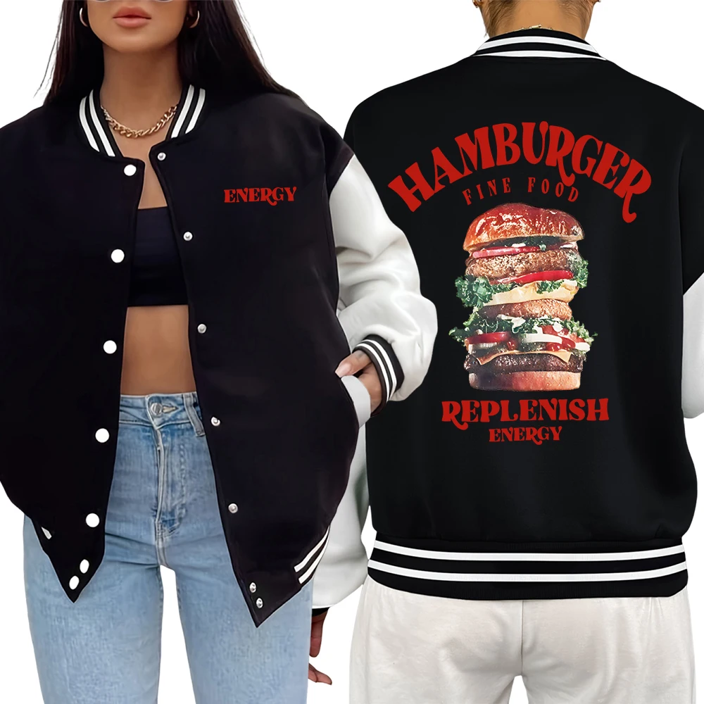 

Hamburger Fine Food Replenish Energy Print Women Baseball Jersey Fashion Casual Jacket All-Match Clothes Oversize Y2K Womenswear
