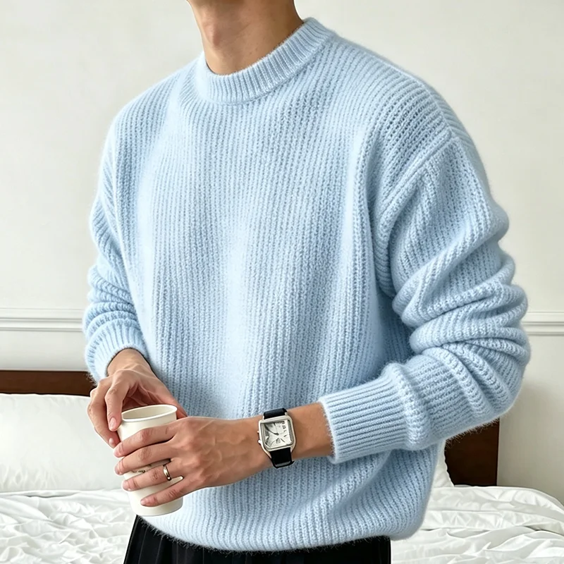Neuer Herren-Strickpullover in Unifarben für Frühling und Herbst, Lässiger Modischer Pullover mit Gerippter Textur, Langen Ärmeln und Rundhalsausschnitt – Detail 2