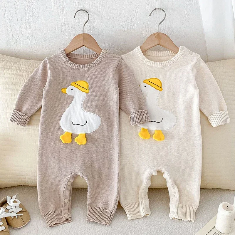 

Toddler Baby Girl Knitted Romper Autumn Children Clothes Infant Boys Girls Knitted Jumpsuit Long Sleeved Cartoon Duck Clothes