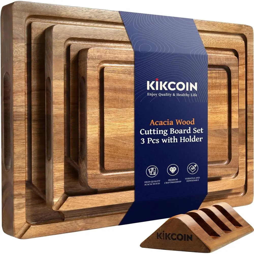 

3 PCS Wooden Cutting Board Set with Holder, Chopping Board with Built-In Compartments and Juice Groove, Solid Charcuterie Board