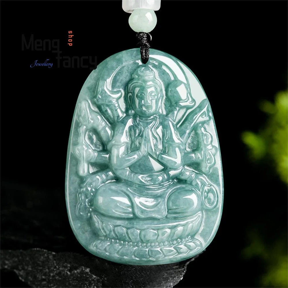 

Natural A-goods Jadeite Blue Water Thousand Hands Goddess of Mercy Jade Ice Pendant Zodiac Rat Guardian Spirit Fashion Jewelry