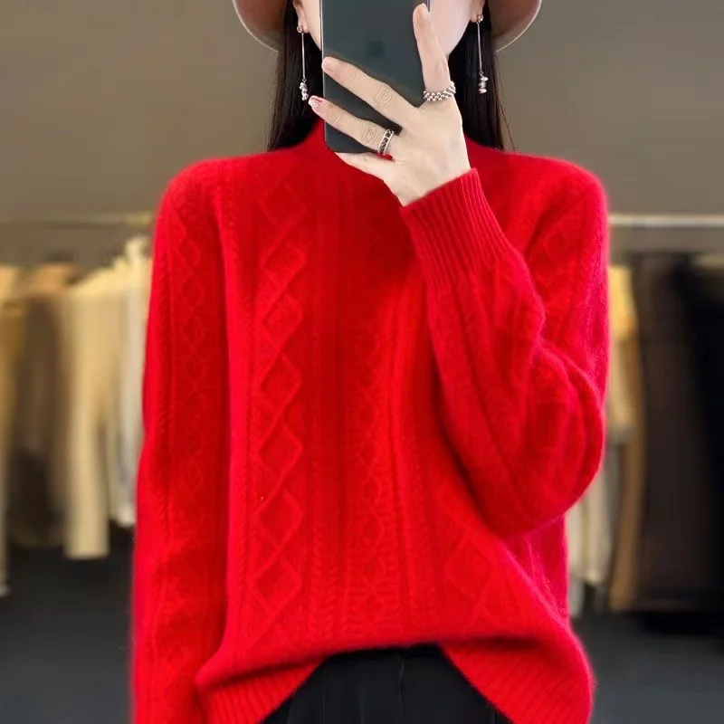 Women\'s pullover cashmere sweater autumn and winter long sleeved knitted sweater top thickened long sleeved sweater