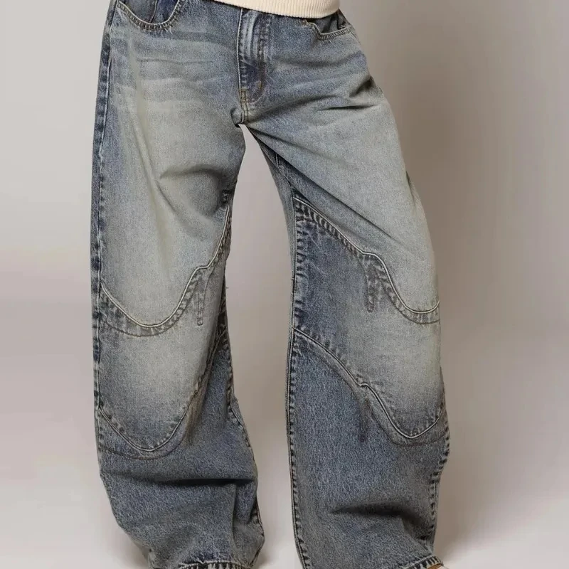 Y2K Hip-hop Stitching Fashion Joker Retro Jeans Female Korean Casual Patchwork Wide-leg Pants 2000s Vintage Loose Jeans Overalls