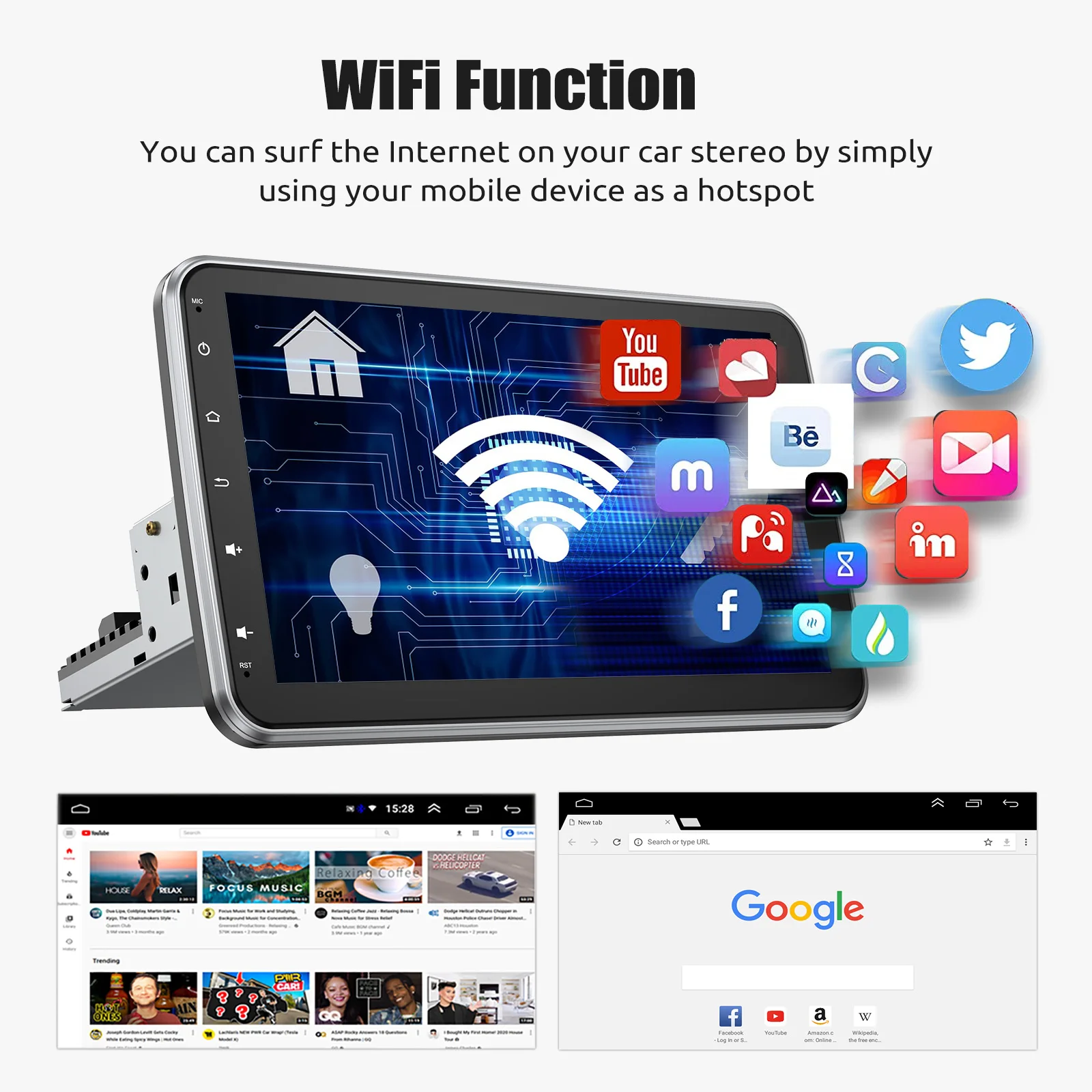 ESSGOO 10,1' Universelles Schwebendes Bildschirm-Autoradio 1Din Drehbarer Multimedia-Player 4GB 64GB Carplay Android Auto Autoradio GPS – Detail 6