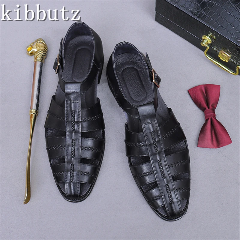 

Men High Quality Genuine Leather Roman Sandals Summer New Cover Toe Cowhide Buckle Hollow Out Business Work Casual Shoes