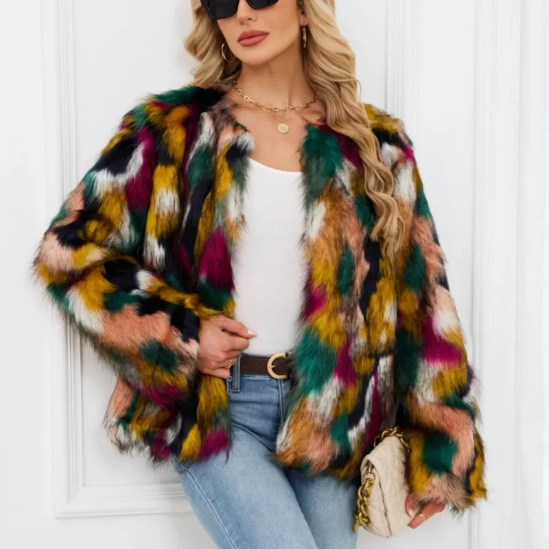 

2025 Short Faux Fox Fur Coat Jackets Colorful Patchwork Design Warm Thicken Soft Fluffy Fur Womens Outerwear Jackets Coats Tops