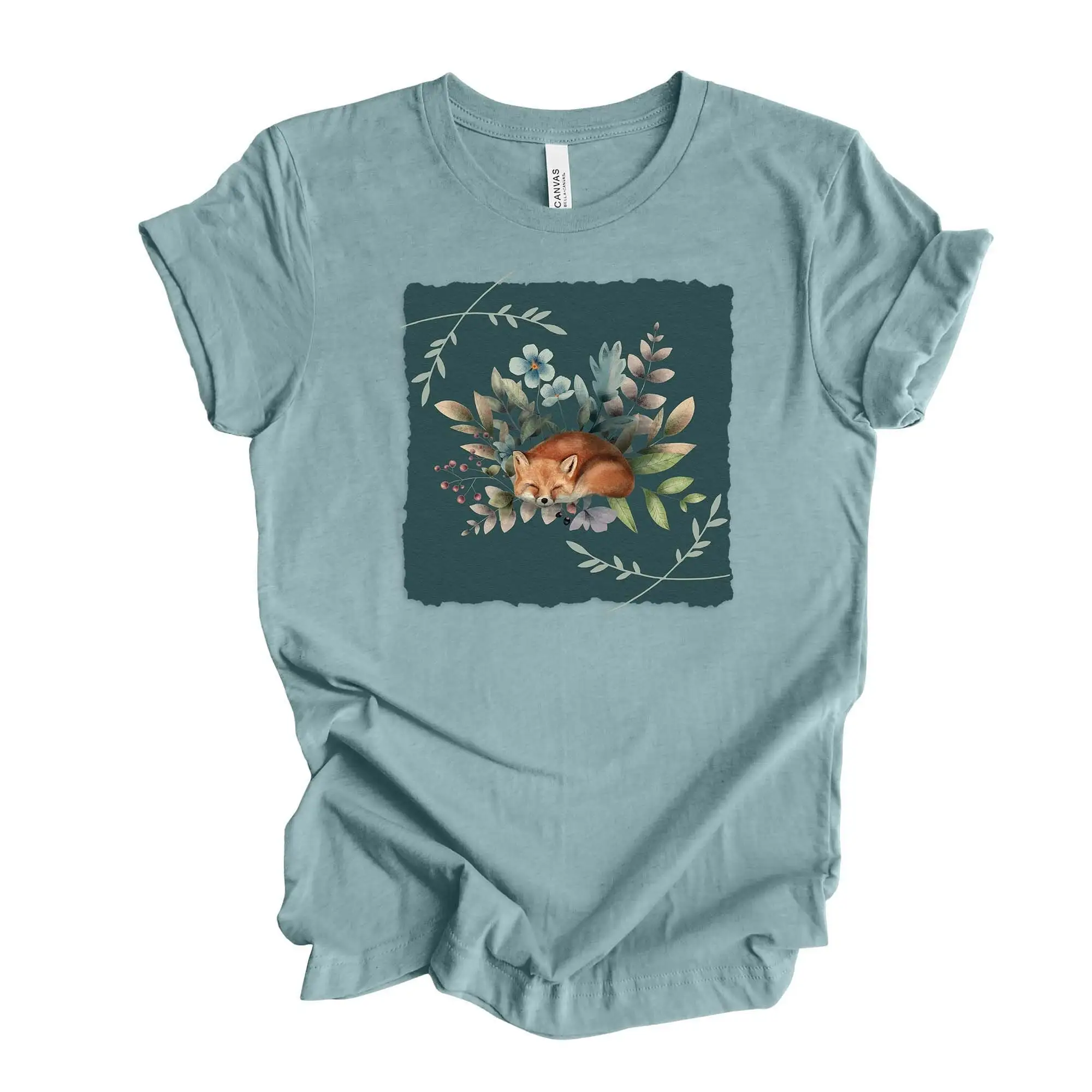 Vintage Floral Postcard T Shirt Cute Sleeping Fox Design On Premium Bella Canvas Unisex 2 Color Choices Plus Sizes Available