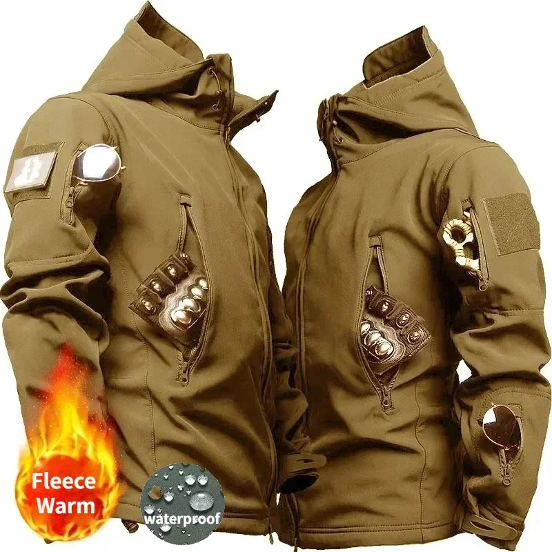 Winter Fleece Waterproof and Warm Men\'s Jackets Shark Skin Military Tactical Hooded Coat Mens Outdoor Multi Pocket Zipper Jacket