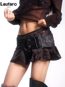 Lautaro Spring Summer Short Pu Leather Patchwork Mini Skirt Women Belt Low Waist Luxury Designer Ruffled Clothes Streetwear 2025
