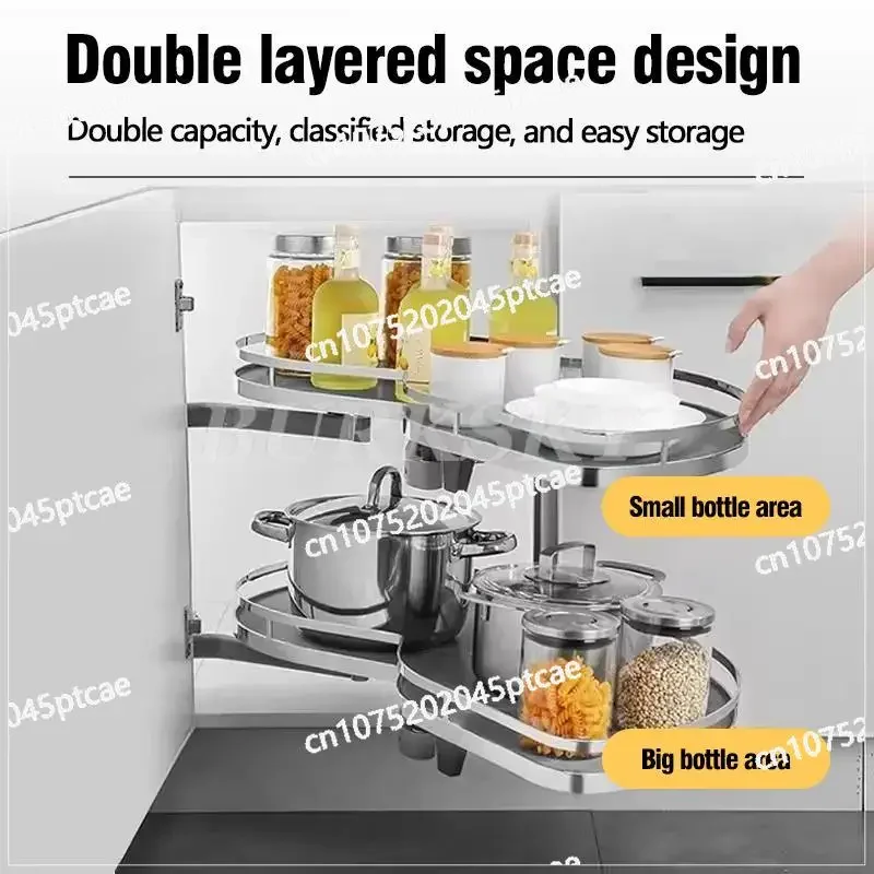 Kitchen Cabinet Corner Basket Drawer Stainless Steel Double-Layer Whirl Pull-out Storage Organizers Removable,Height Adjustable