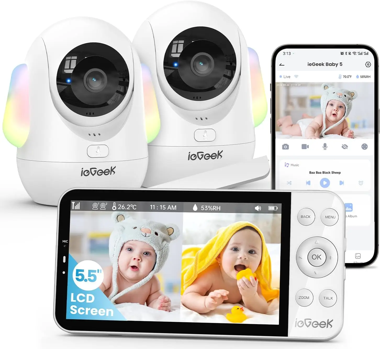 5.5'' Split-Screen Baby Monitor with 2 Cameras, 2.5K UHD, Night Vision, Two-Way Talk, WiFi App Control, 4000mAh Battery