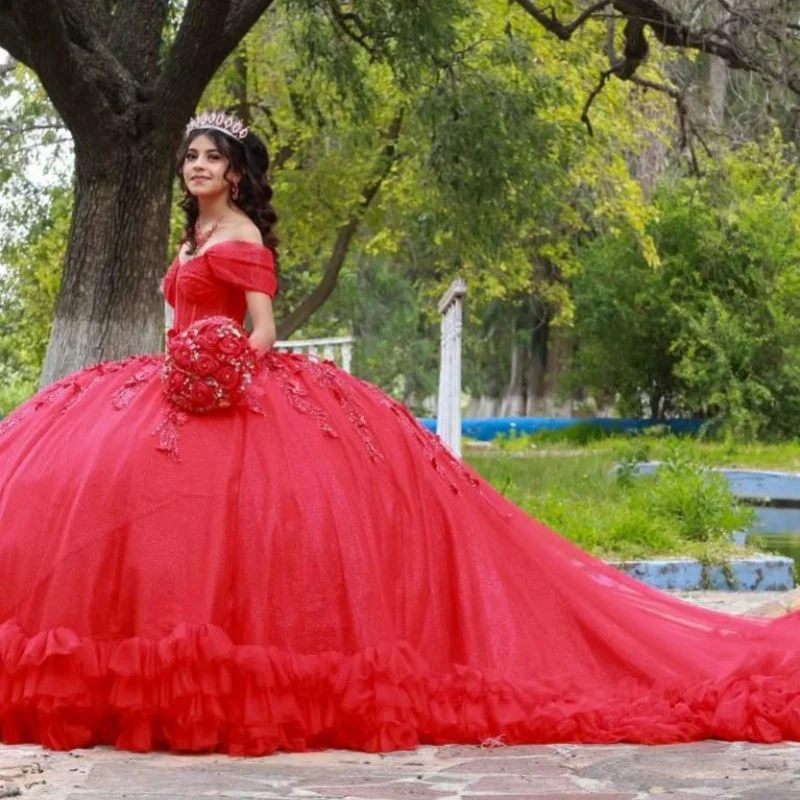 

Shiny Red Quinceanera Dress off-shoulder Lace layering crystal flower decal vestidos de 15 Quinceanera ﻿Customized