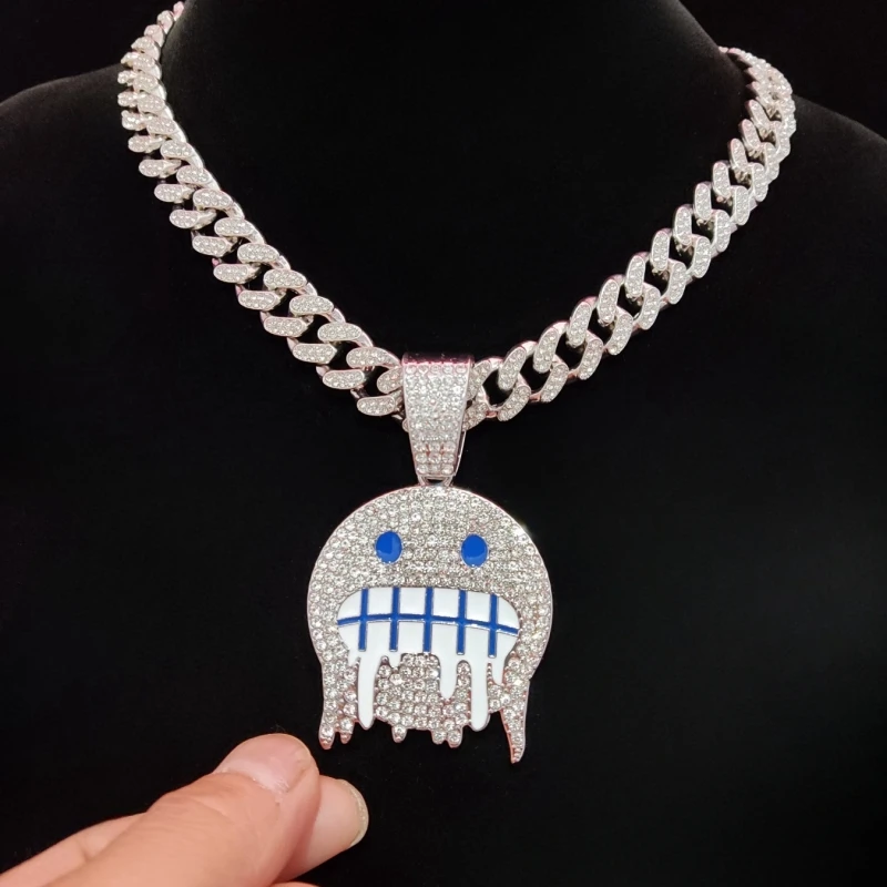 Men Women Hip hop Iced out Bling Emoji Shape Pendant Necklace 13mm Width Cuban Chain Hiphop Necklaces fashion Charm jewelry