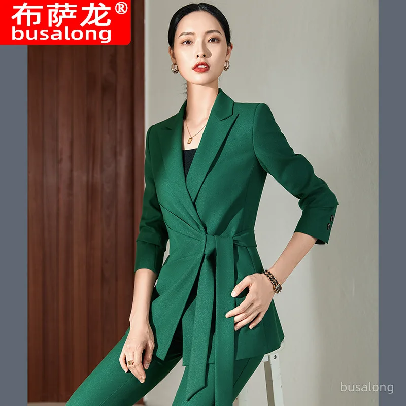 2022 New Long Sleeve Lace-up Fashion Temperament Office Wear Blue Work Uniforms Beautician Green Women's Pants Suit