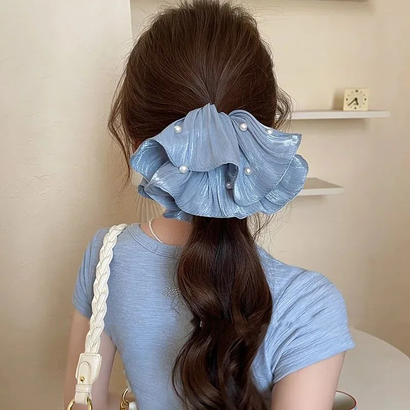 

Solid Color Pearls Ruffles Hair Scrunchies Women Girls Sweet Elegant Large Hair Bands Hair Ties Fairy Pearl Pleated Rubber Bands
