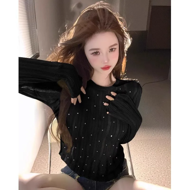 2026 New Knit Sun Protection Cover Up T shirt for Women Thin Long Sleeve Hollow Out Slim Fit Basic Top Sweet Casual Sheer for