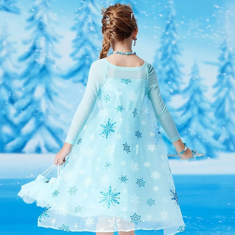 Disney Children's Four Seasons Long Sleeve Anna Elsa Princess Dress Girl Elsa Dress Dress High-end Birthday Gift Box