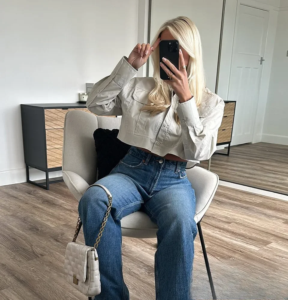 

KONDALA Women Fall Short Shirt Lapel Buttons Pockets Long Sleeve Shirt New 2025 Fashion Spring Summer High Street Simple Shirt