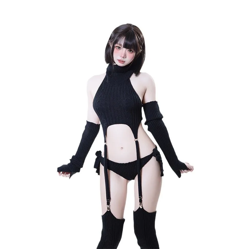 Anime High Collar Black Sweater Japanese Girl Uniform Cosplay Costume Women Underwear Cute Outfit Role Play Nightgown Lingerie