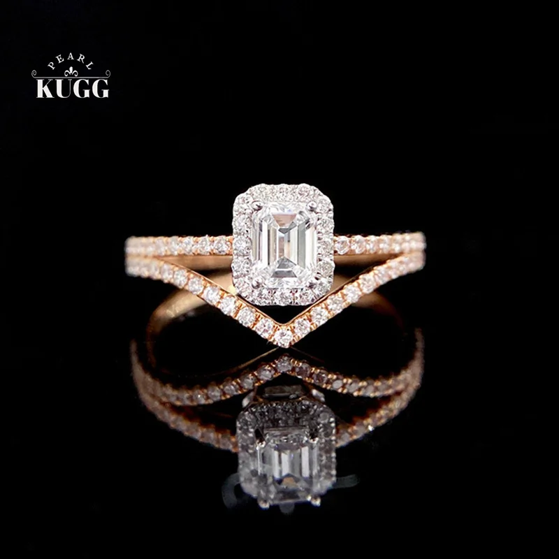 KUGG 100% 18K Rose Gold Rings Fashion Cross Design Real Natural Diamond Engagement Ring for Women High Party Jewelry