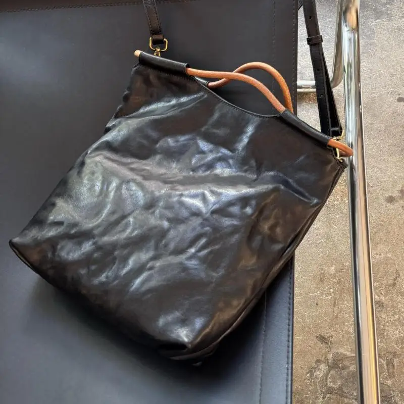 American-style Vintage Vegetable-tanned First-layer Cowhide Handbag Bags Pleated Hand-gripped Pattern Large-capacity Women's Bag