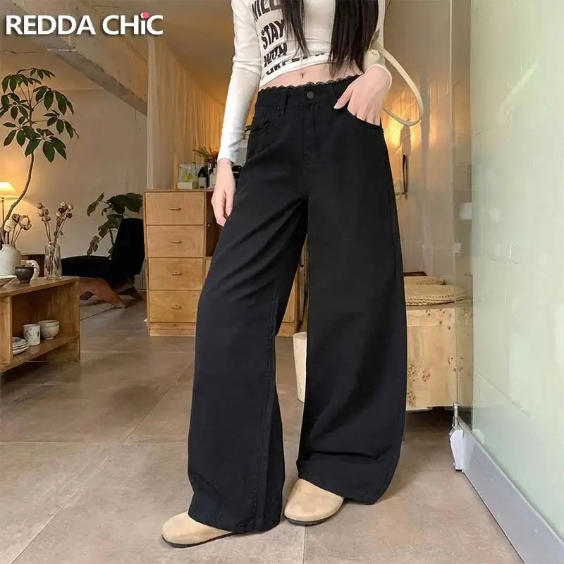 ReddaChic Stitch Lace Wide Leg Jeans Women Trendy Lounge Plain Black Loose Fit Low Waist Denim Pants Retro Korean Streetwear