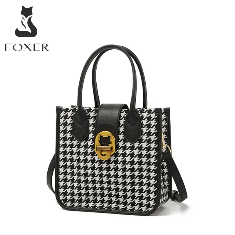 FOXER Summer Autumn Houndstooth Shoulder Messenger Bag High-Quality Simple Women's Small Handbag Bucket PU Leather Crossbody Bag